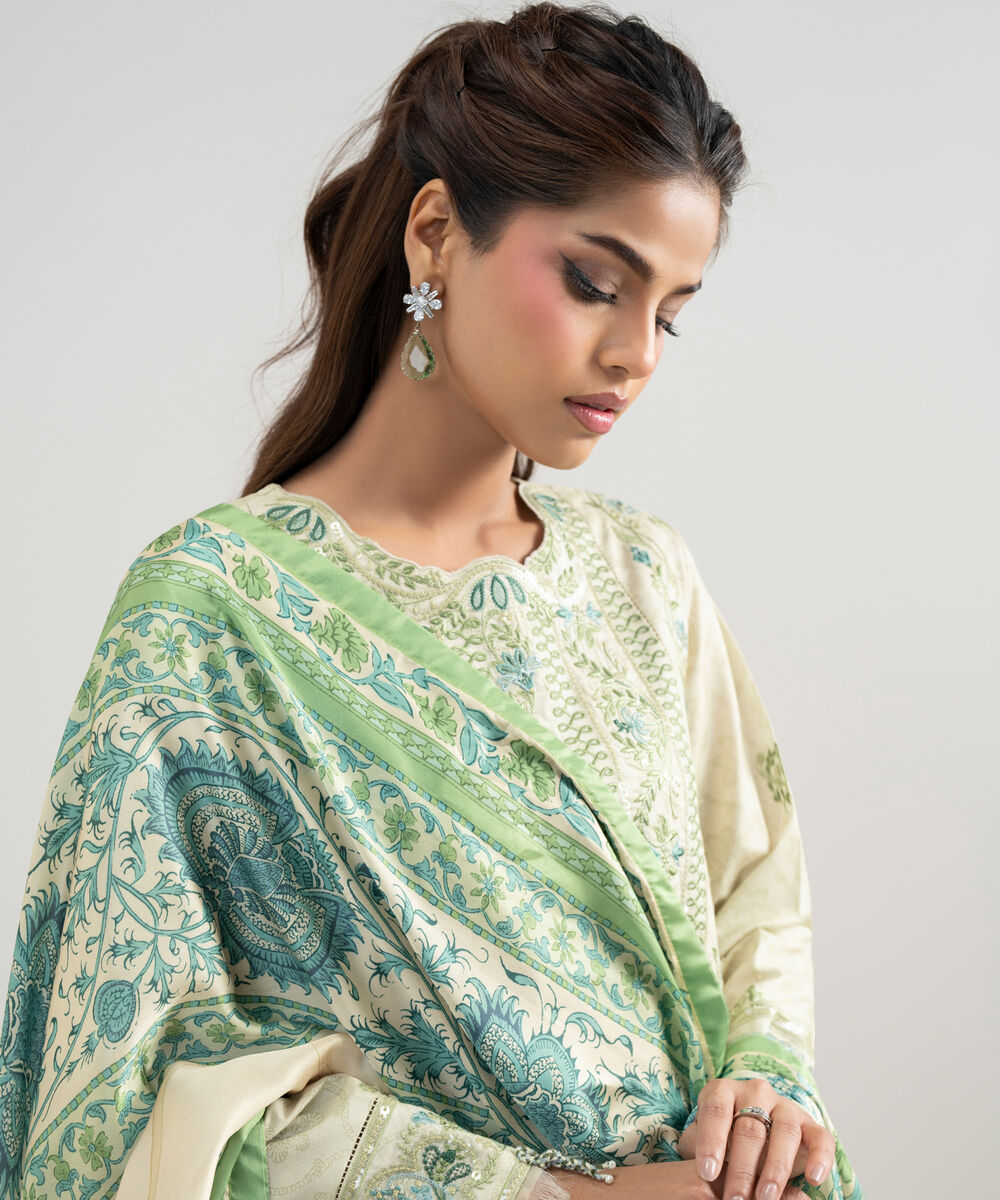 Women's Unstitched Lawn Embroidered Off White 3 Piece Suit