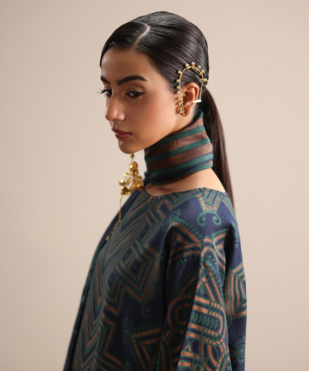 Women's RTW Extra Weft Jacquard Blue Solid Drop Shoulder Shirt