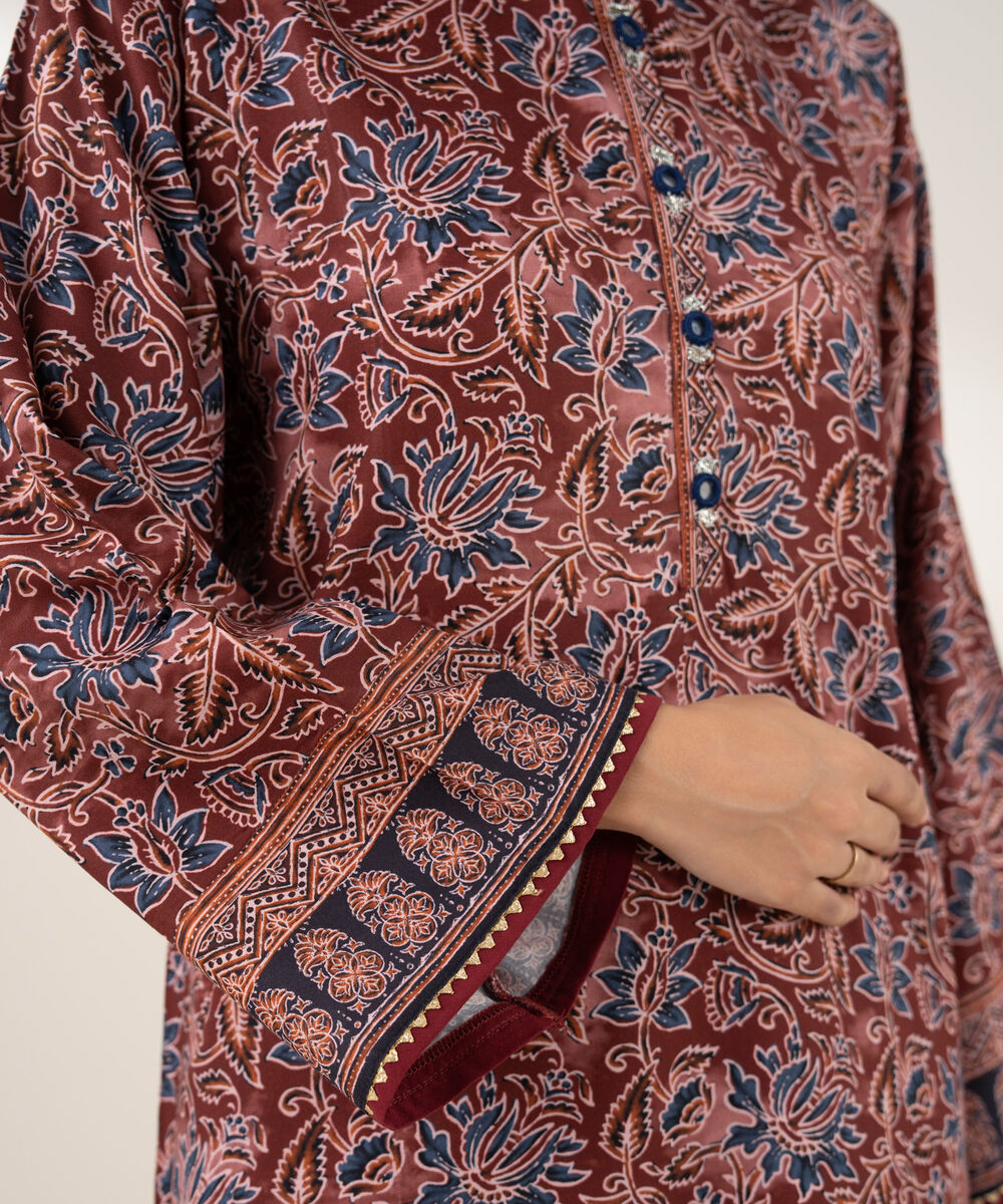 Women's RTW Viscose Linen Printed Straight Maroon Shirt