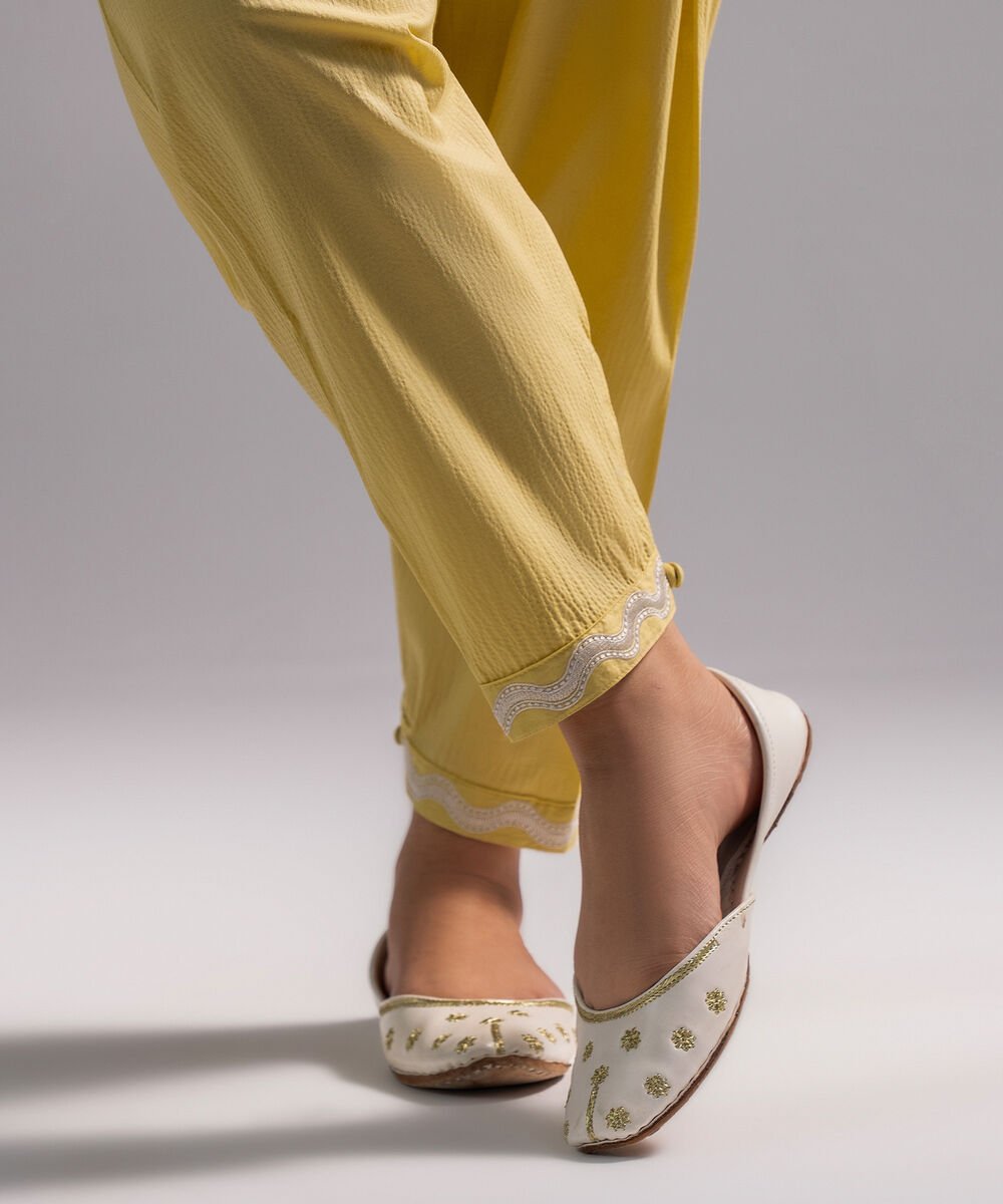 Women's RTW Seersucker Solid Yellow Skinny Shalwar