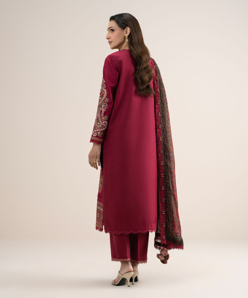 Women's Unstitched Embroidered Fine Cotton Satin Maroon 3 Piece Suit