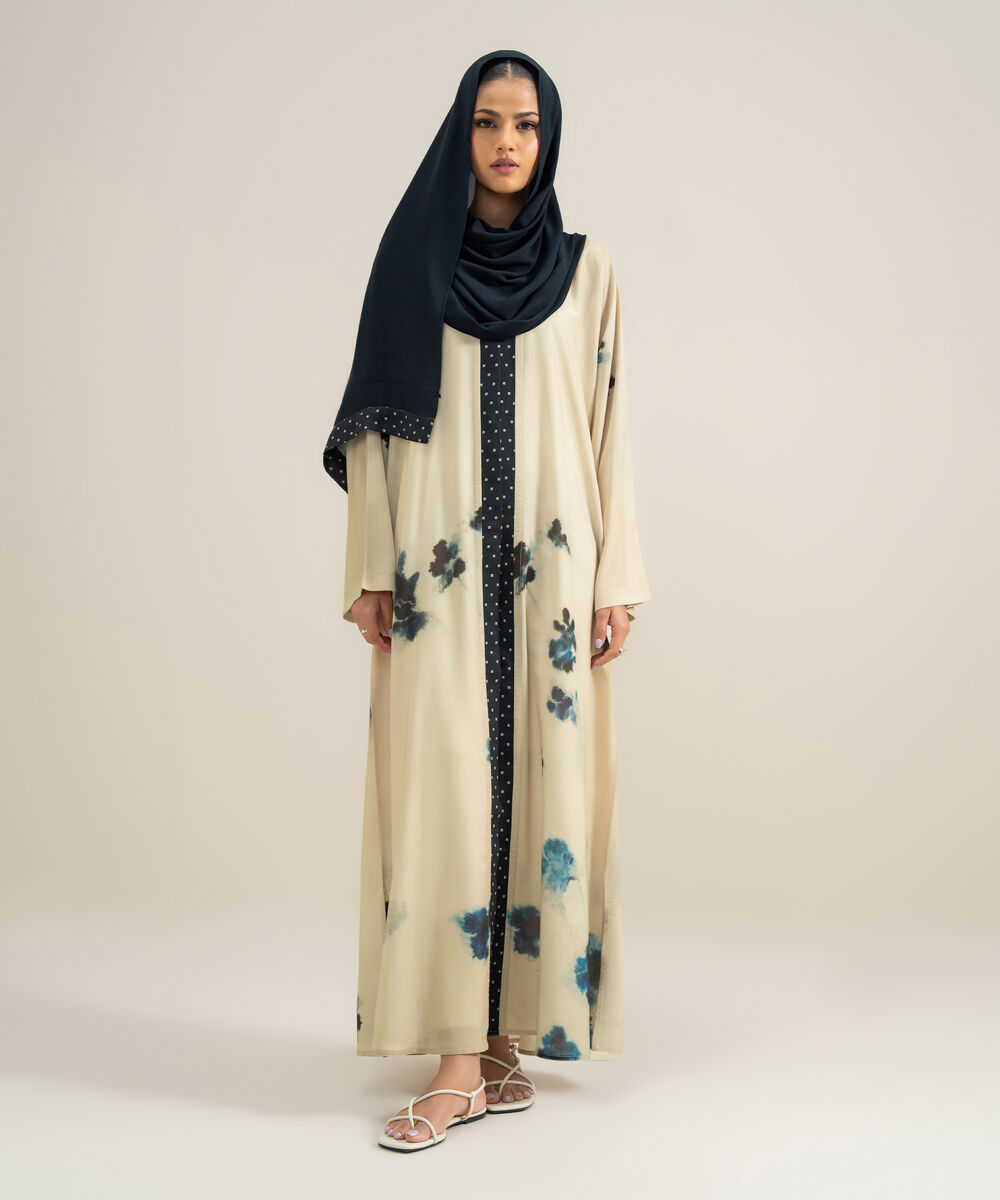 Women's Polyester Off White Kimono Printed Abbaya Set