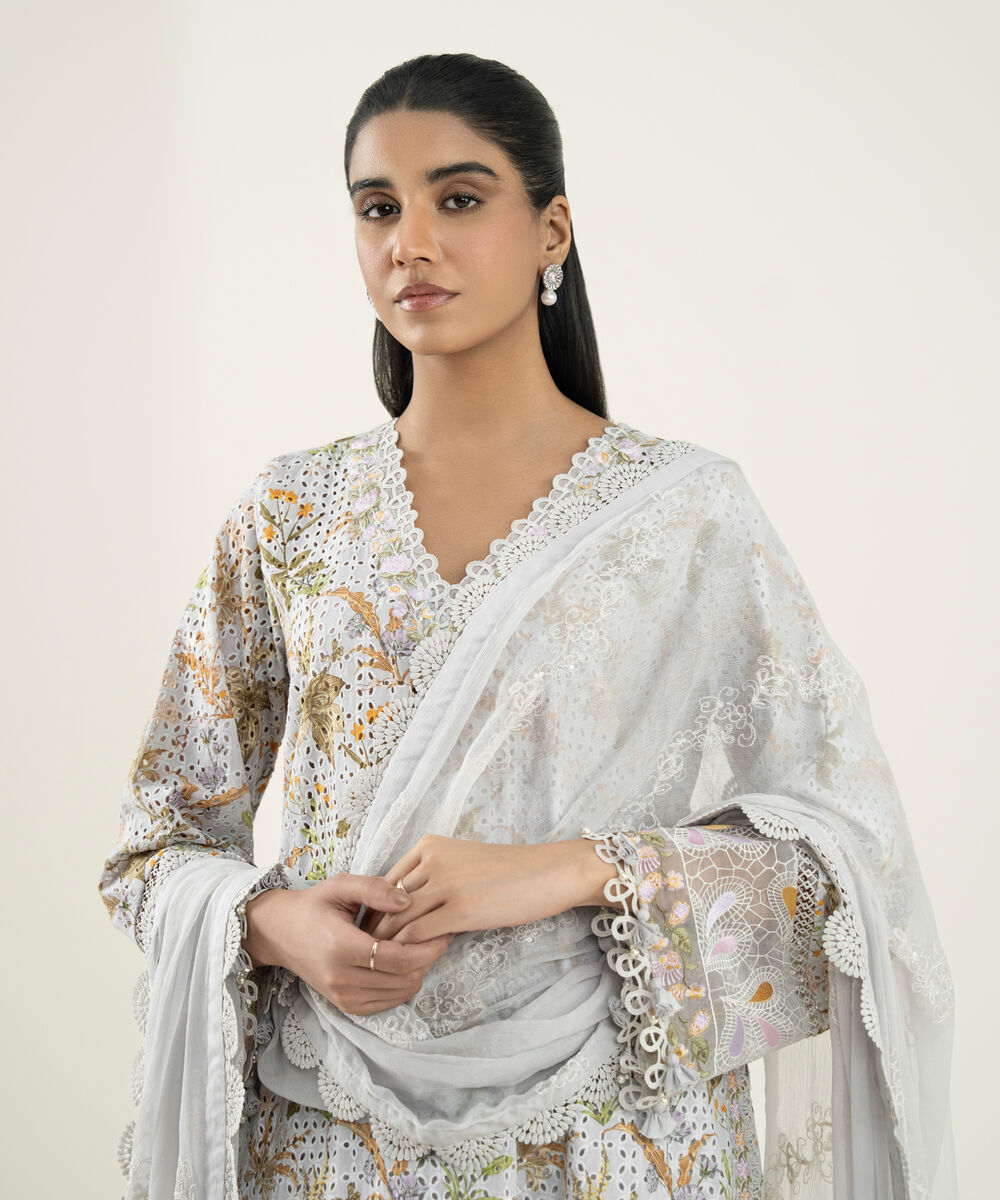 Women's Unstitched Cotton Embroidered Grey 3 Piece Suit