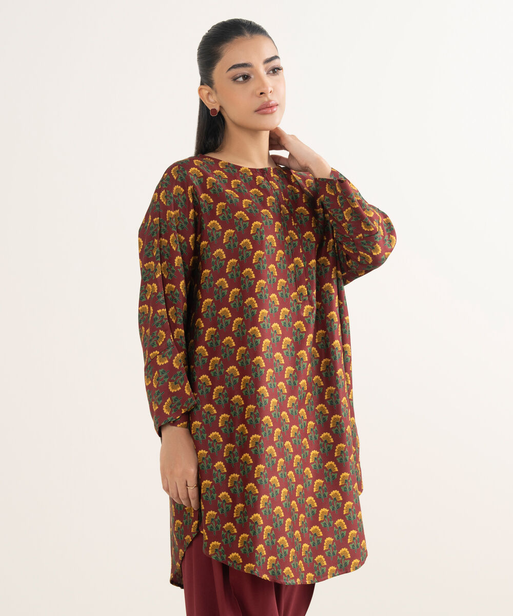 Women's RTW Bedford Printed Maroon Boxy Shirt