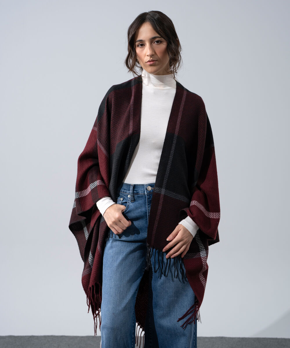 Women's Western Wear Black And Maroon Polyester Striped Cape Shawl
