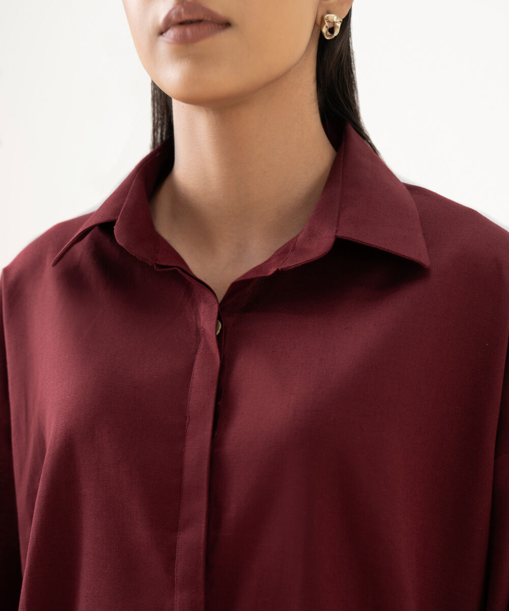 Women's RTW Cotton Linen Red Solid Button Down Shirt