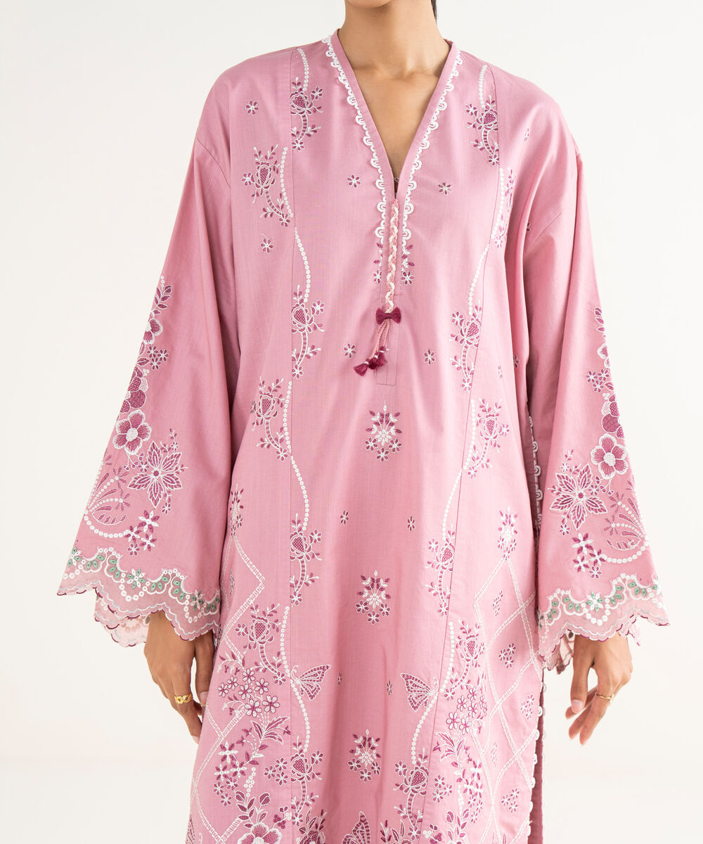 Women's Unstitched Cross Hatch Embroidered Pink 3 Piece Suit