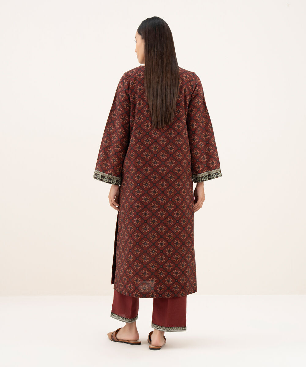 Women's RTW Khaddar Embroidered Straight Brown Shirt