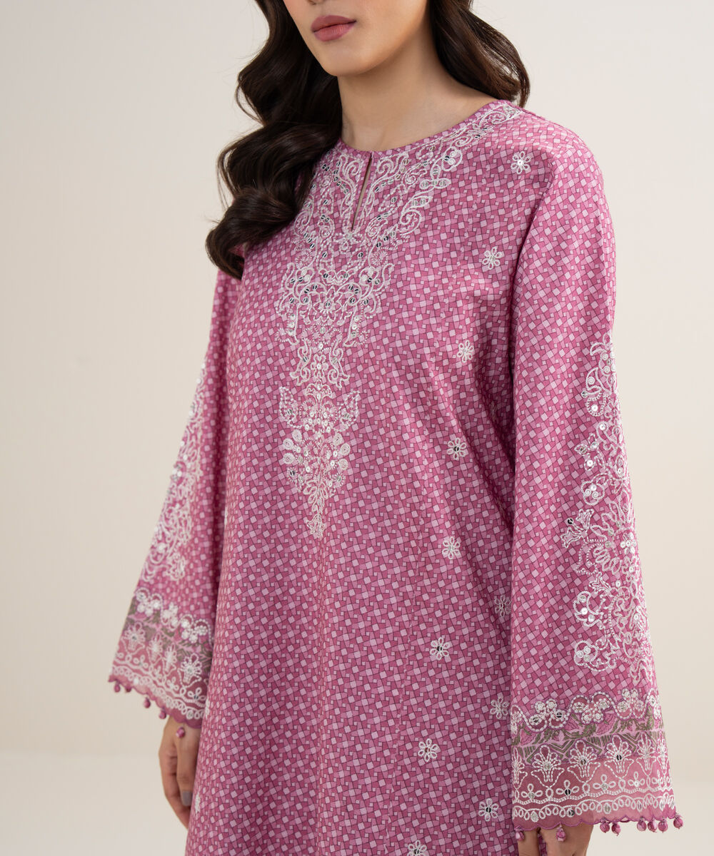Women's Unstitched Lawn Embroidered Pink 3 Piece Suit