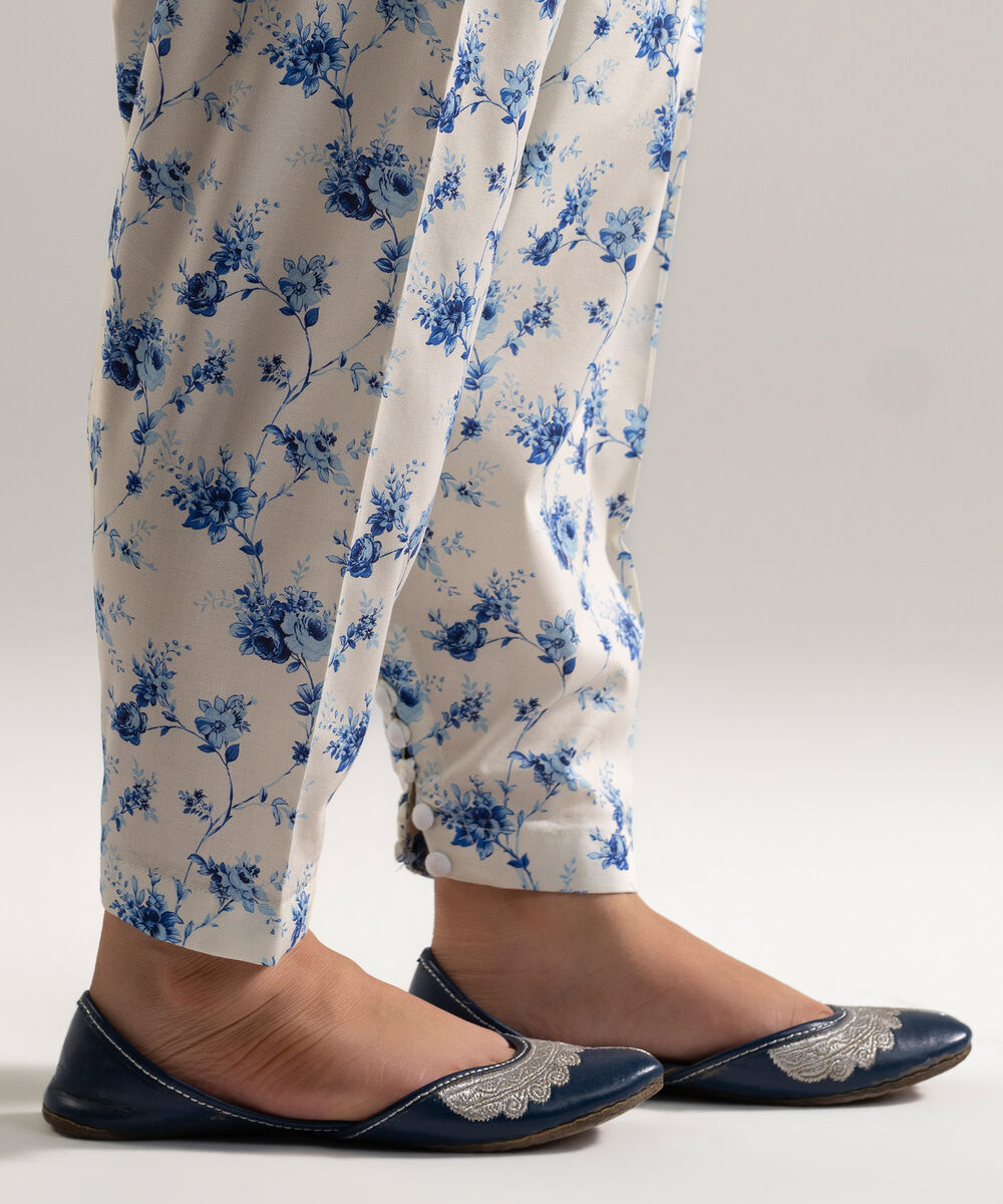 Women's RTW Cotton Viscose Printed White Skinny Shalwar