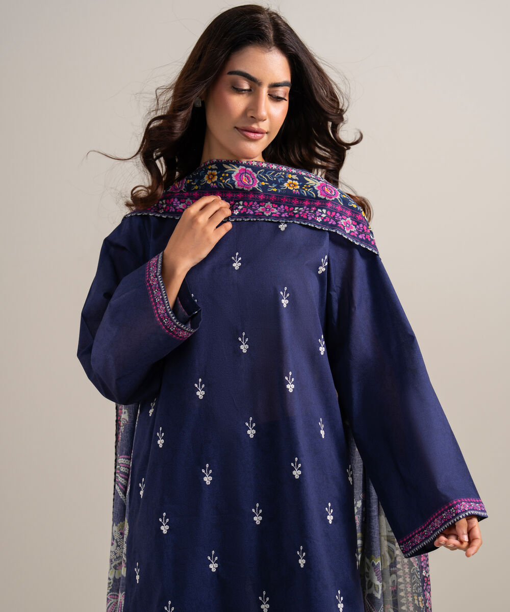 Women's Unstitched Lawn Embroidered Dark Blue  3 Piece Suit