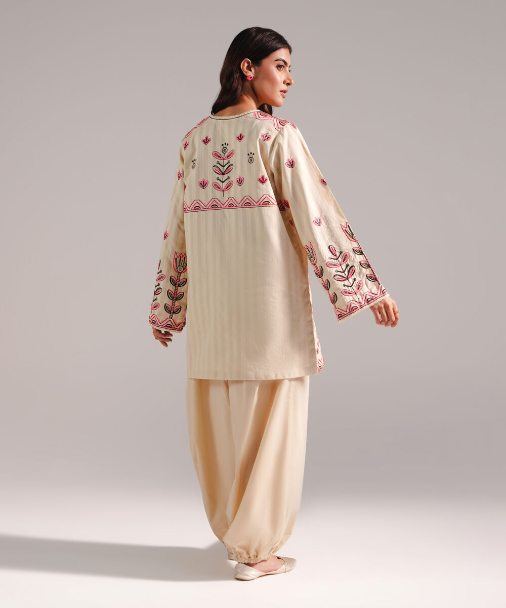 Women's RTW Dobby Embroidered Beige 2 Piece Suit