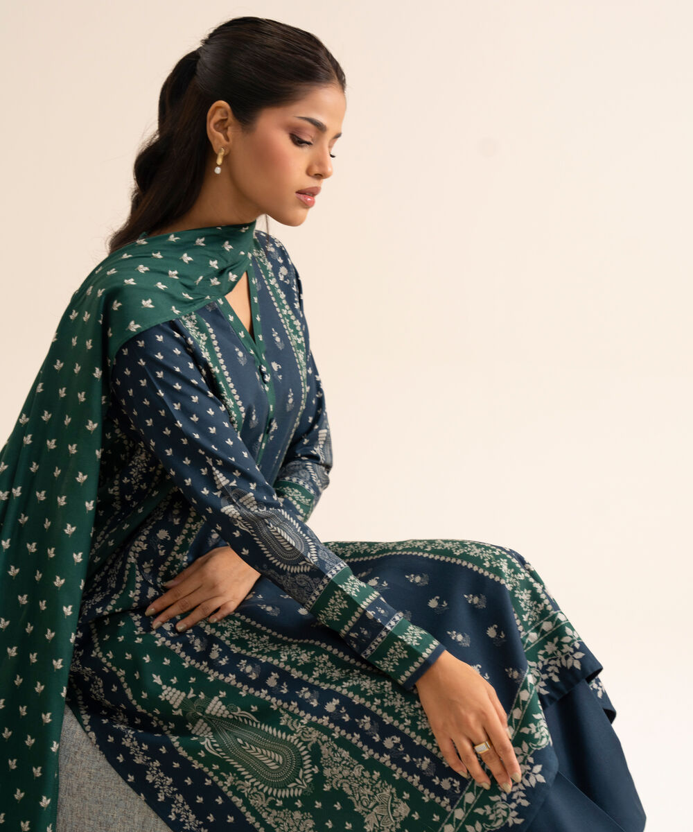 Women's Unstitched Viscose Linen Printed Dark Blue 3 Piece Suit