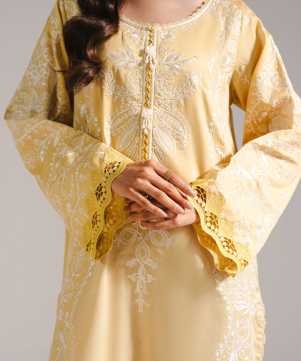Women's RTW Cotton Satin Embroidered Pale Yellow 3 Piece Suit