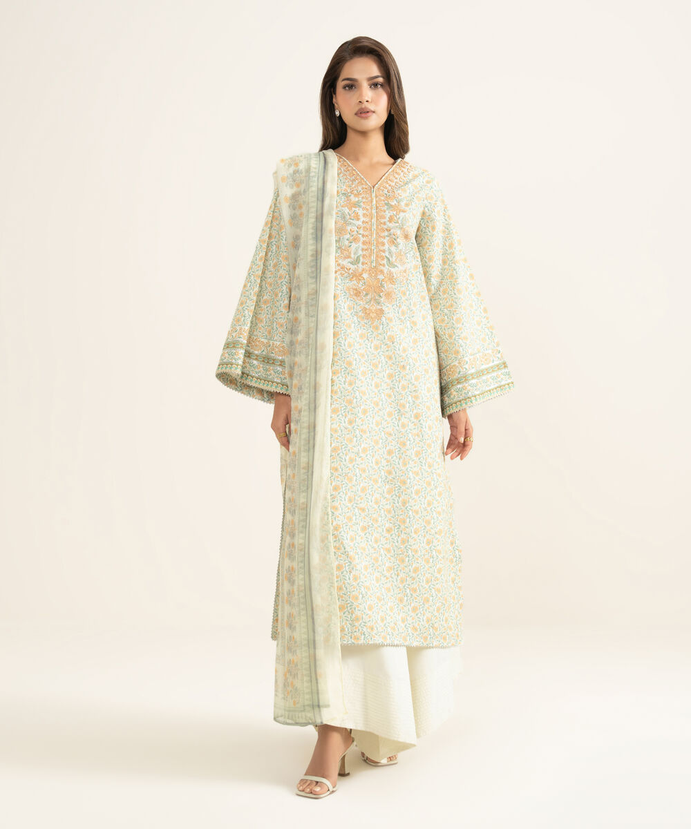 Women's Unstitched Lawn Embroidered Off White 3 Piece Suit