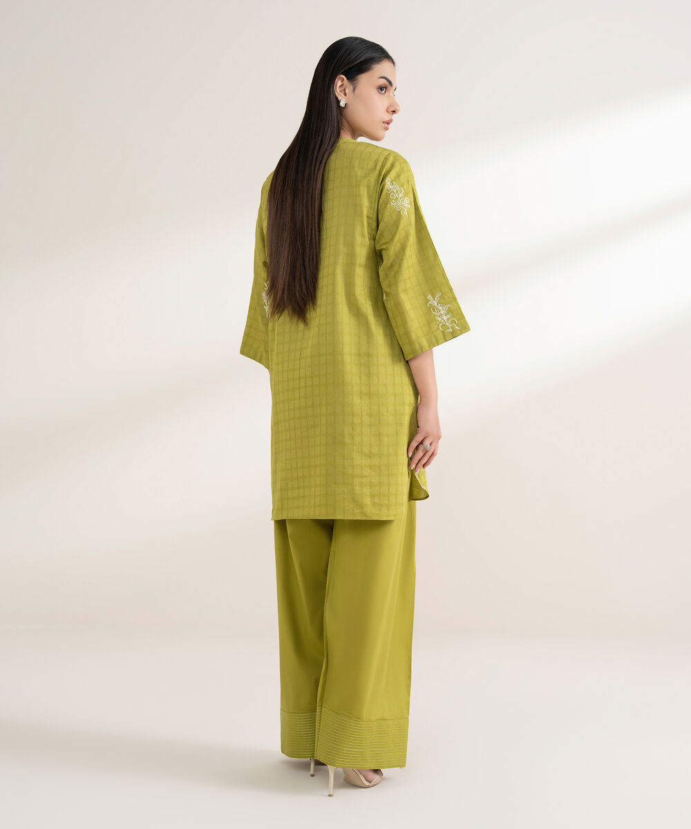 Women's RTW Textured Cotton Embroidered Boxy Green Shirt