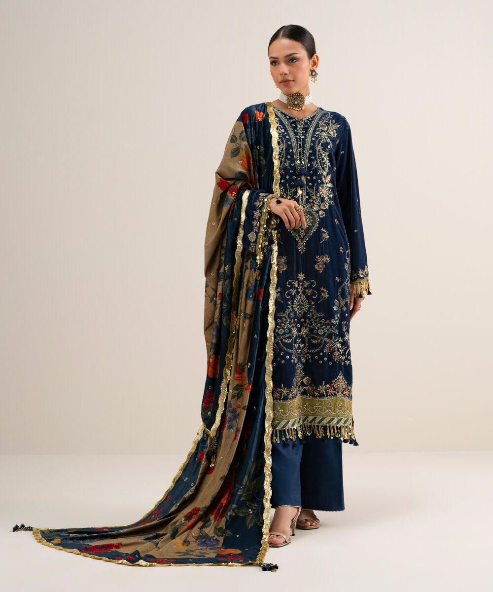 Women's Unstitched Embroidered Velvet Blue 3 Piece Suit