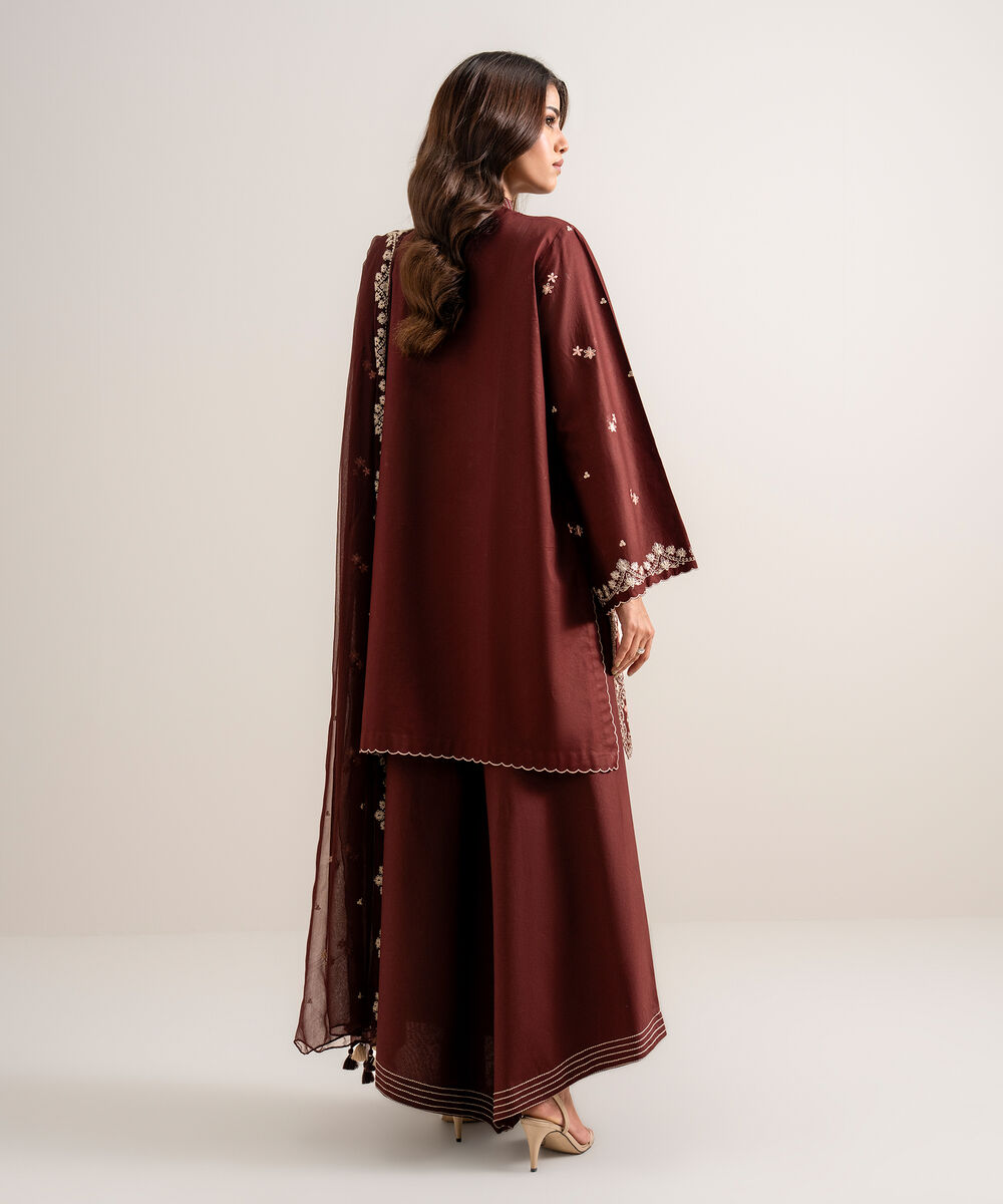 Women's Unstitched Embroidered Cotton Viscose Maroon 3 Piece Suit