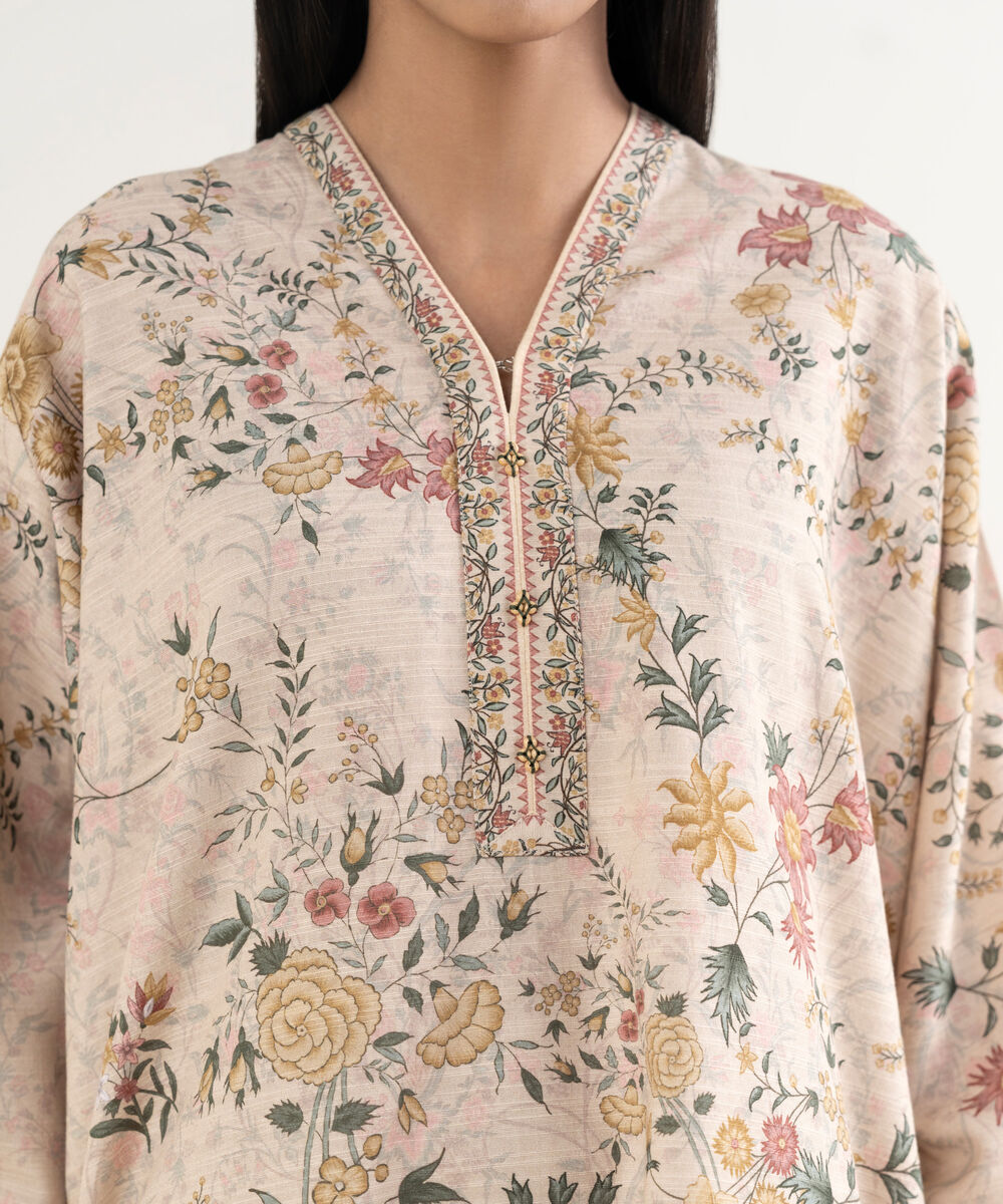 Women's Unstitched Printed Khaddar Beige 3 Piece Suit