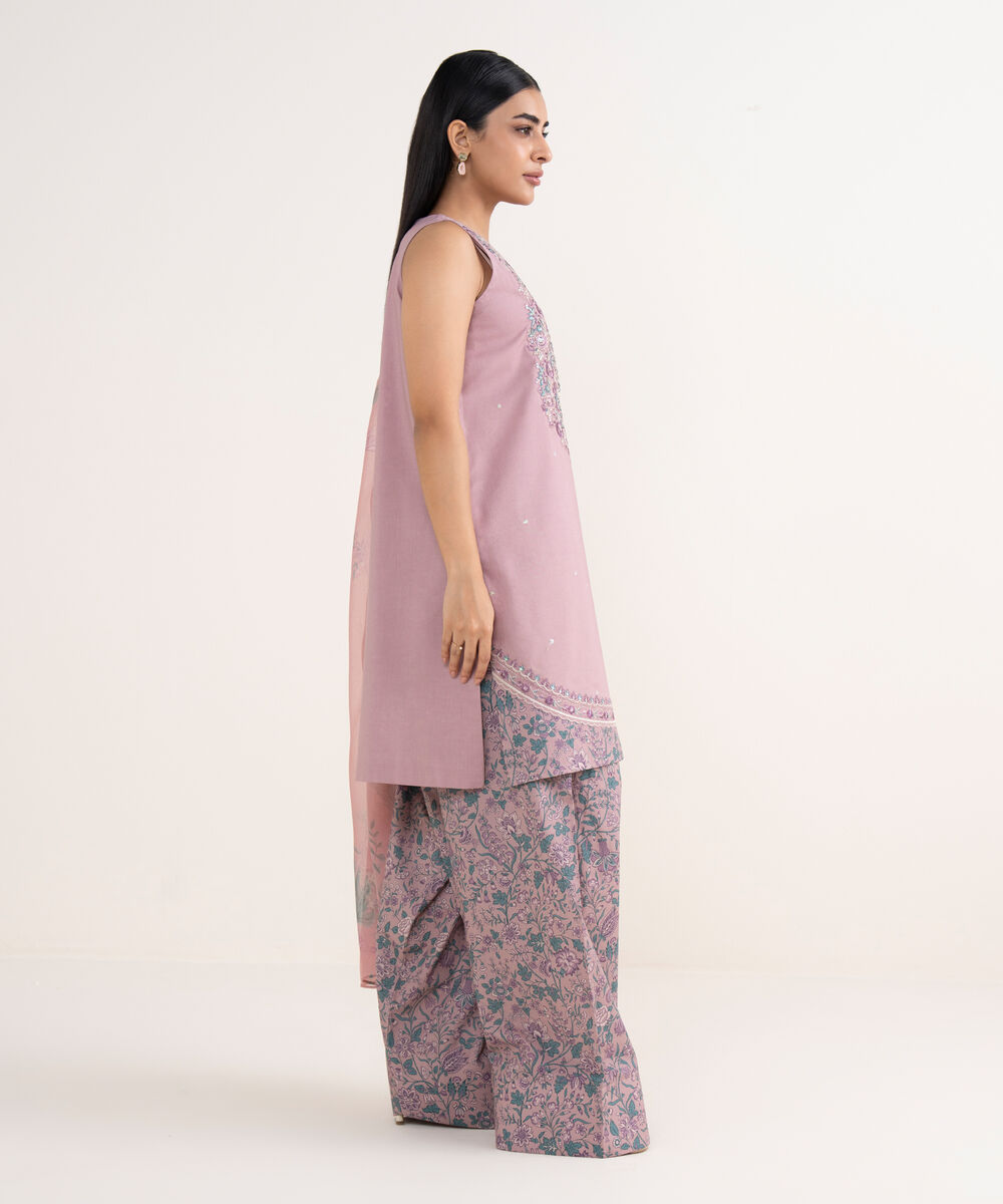 Women's Unstitched Cotton Viscose Embroidered Purple 3 Piece Suit