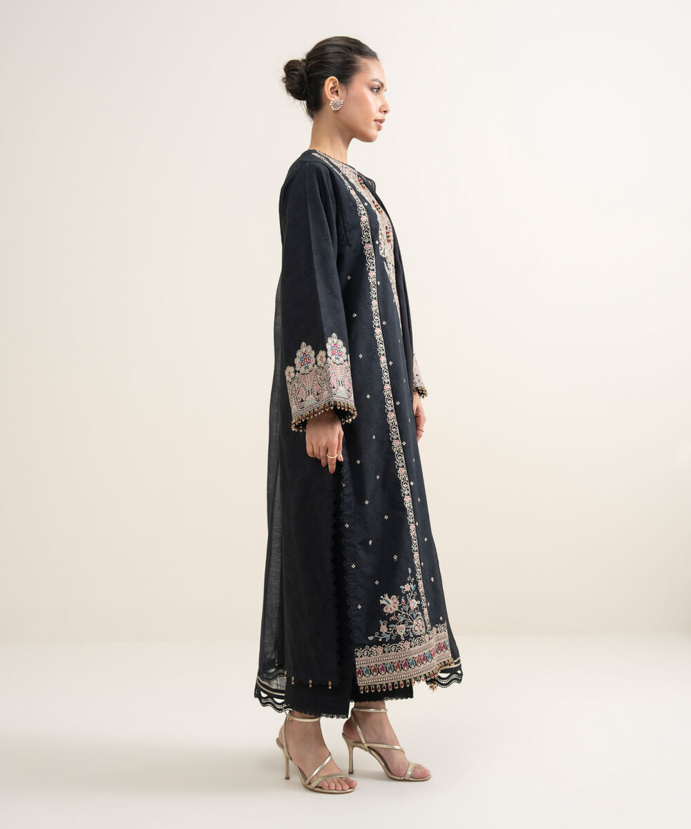 Women's Unstitched Cotton Jacquard Embroidered Black 3 Piece Suit