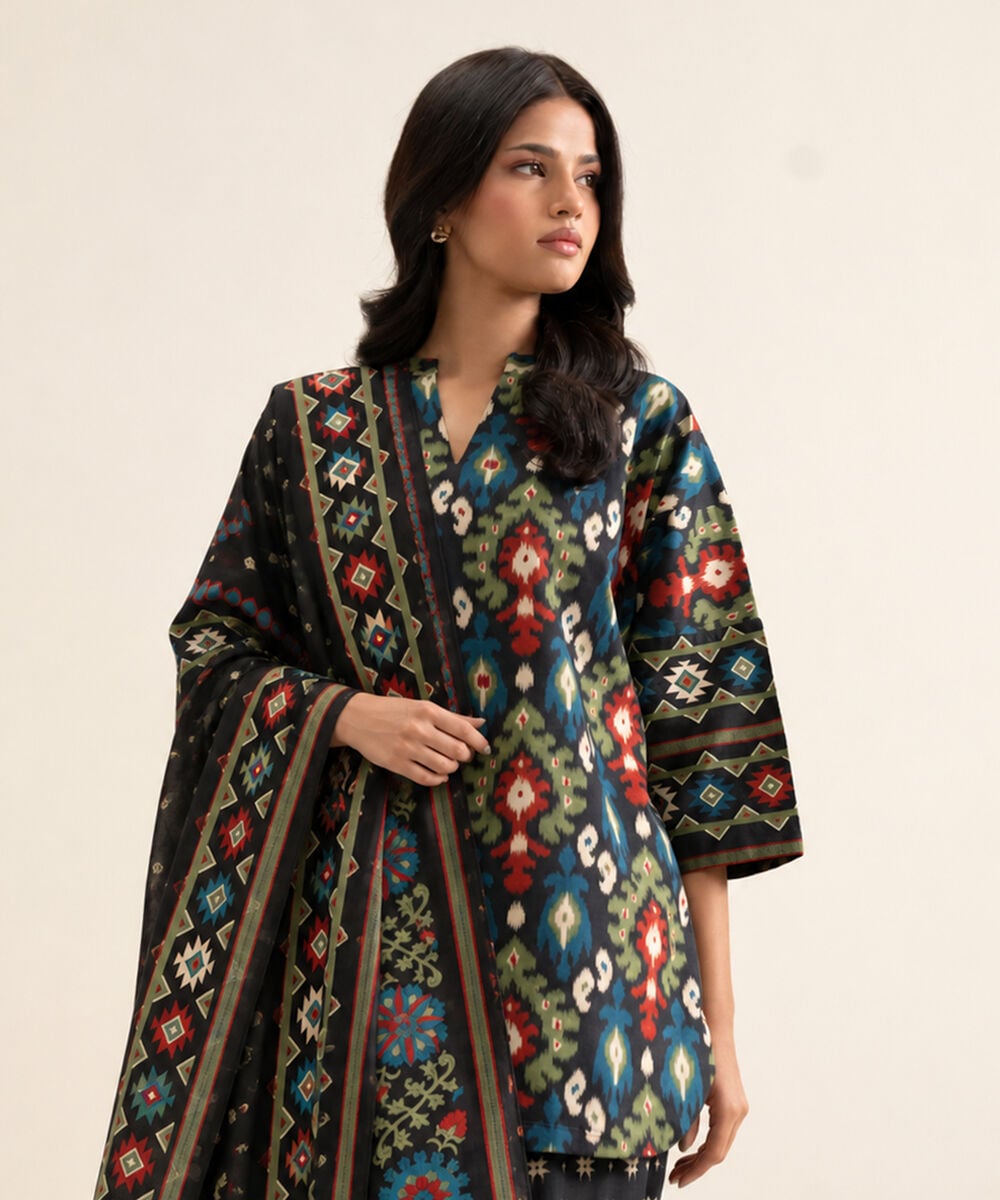 Women's Unstitched Cotton Printed Multi 3 Piece Suit