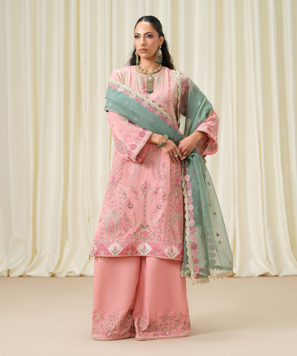 Women's Unstitched Embroidered Velvet Pink 3 Piece Suit