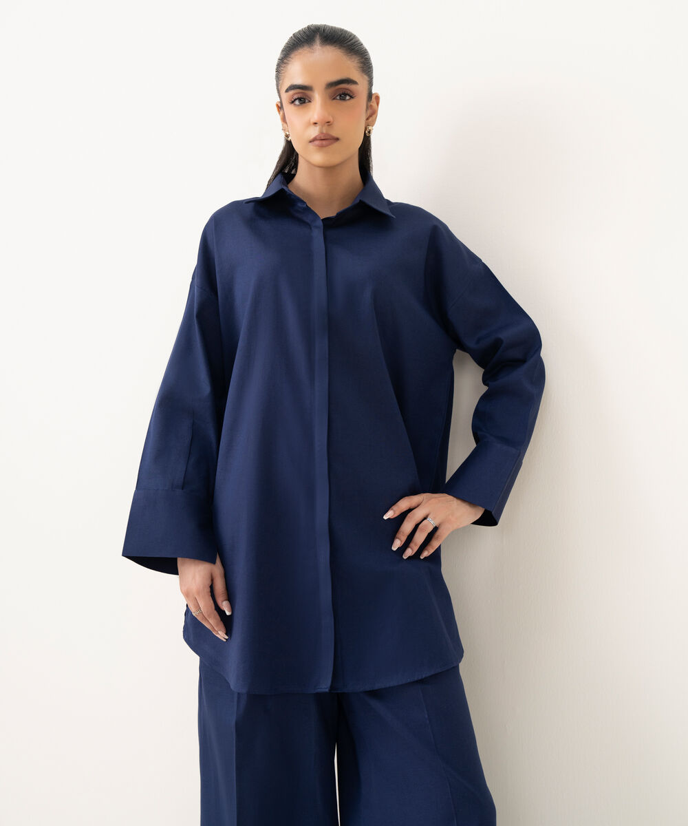 Women's RTW Cotton Linen Blue Solid Button Down Shirt