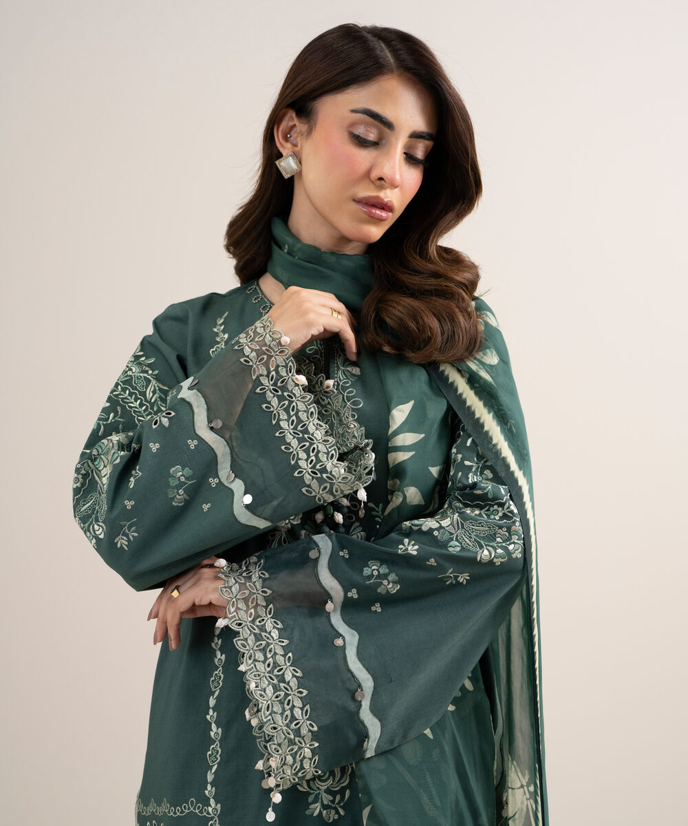 Women's Unstitched Dobby Embroidered Green 3 Piece Suit