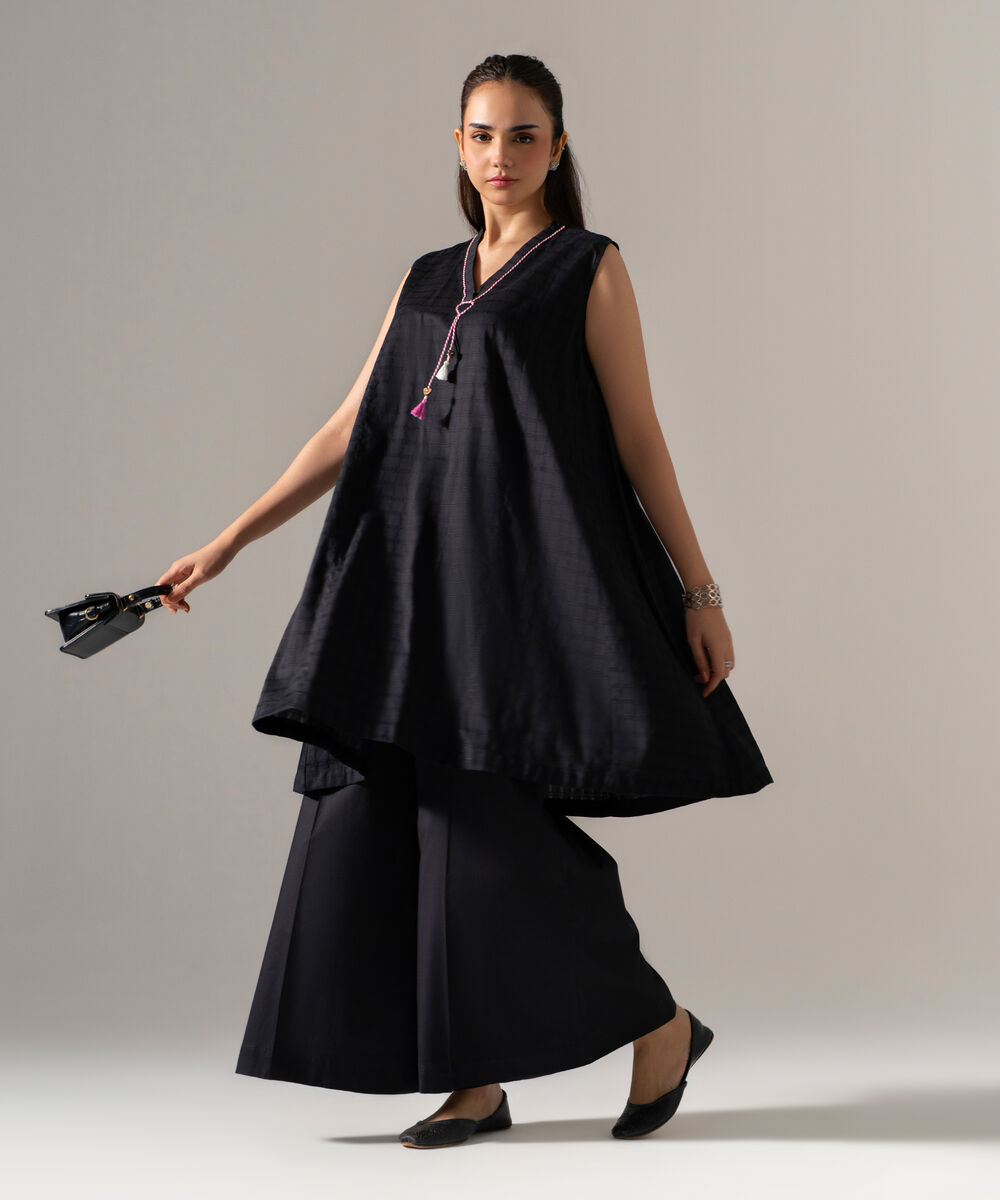 Women's RTW 3D dobby Solid Black Flared A-Line
