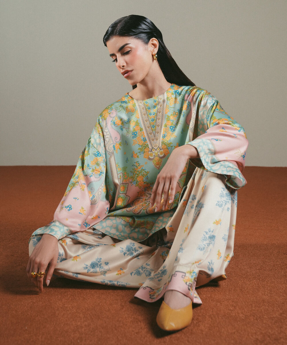 Women's RTW Blended Satin Printed Mint Green 2 Piece Suit