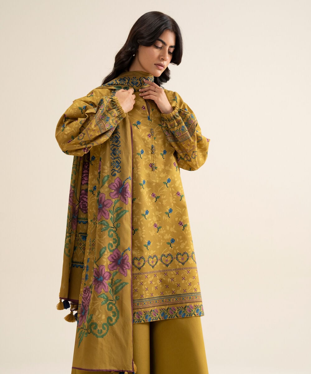 Women's Unstitched Cotton Printed Mustard 3 Piece Suit