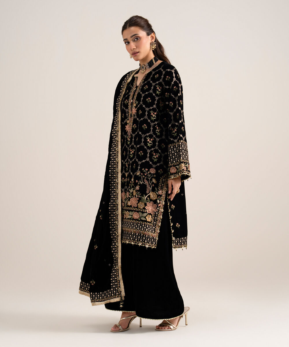 Women's Unstitched Embroidered Velvet Black 3 Piece Suit