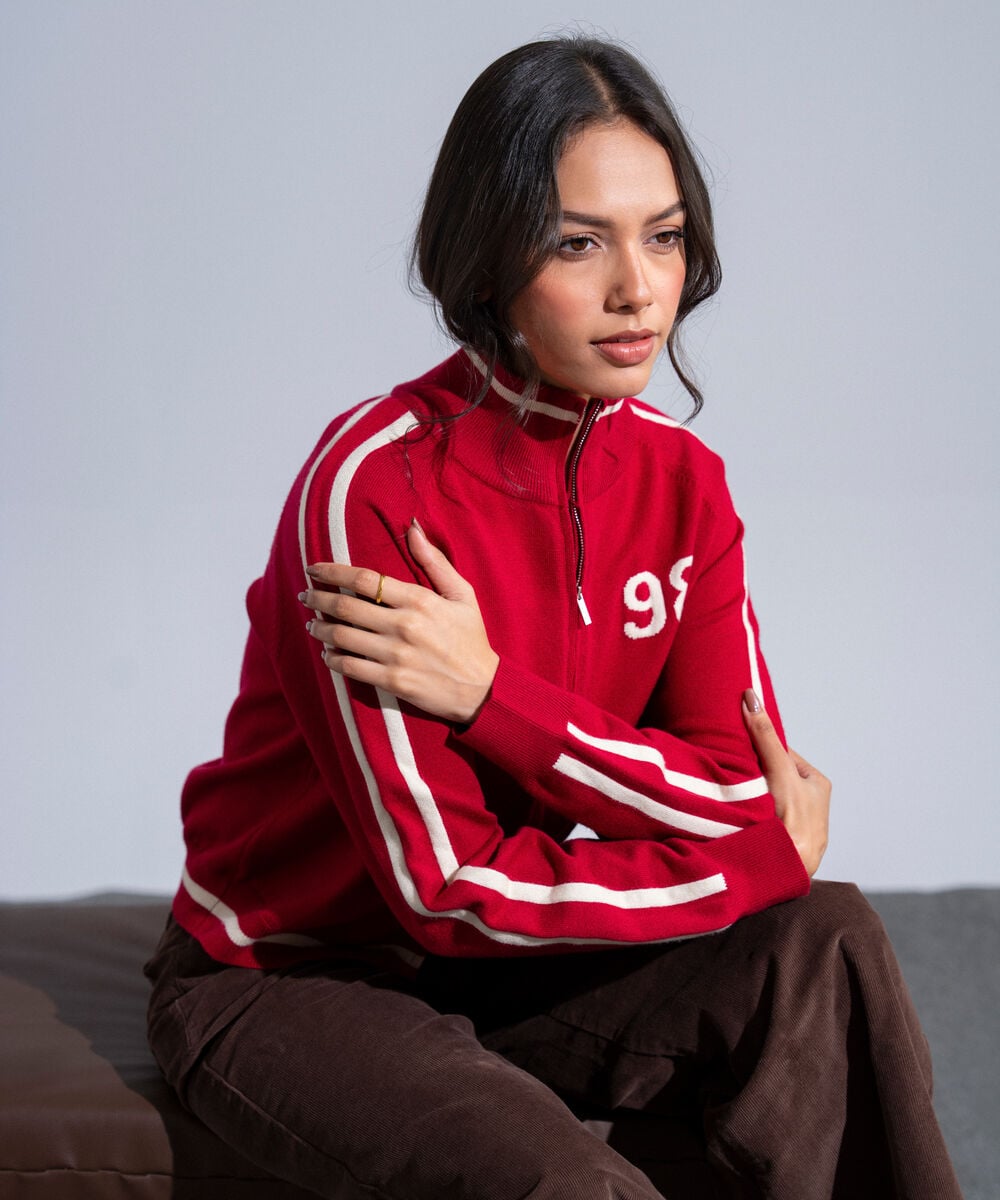 Women's Western Wear Red Sweater Knit Zip-Up