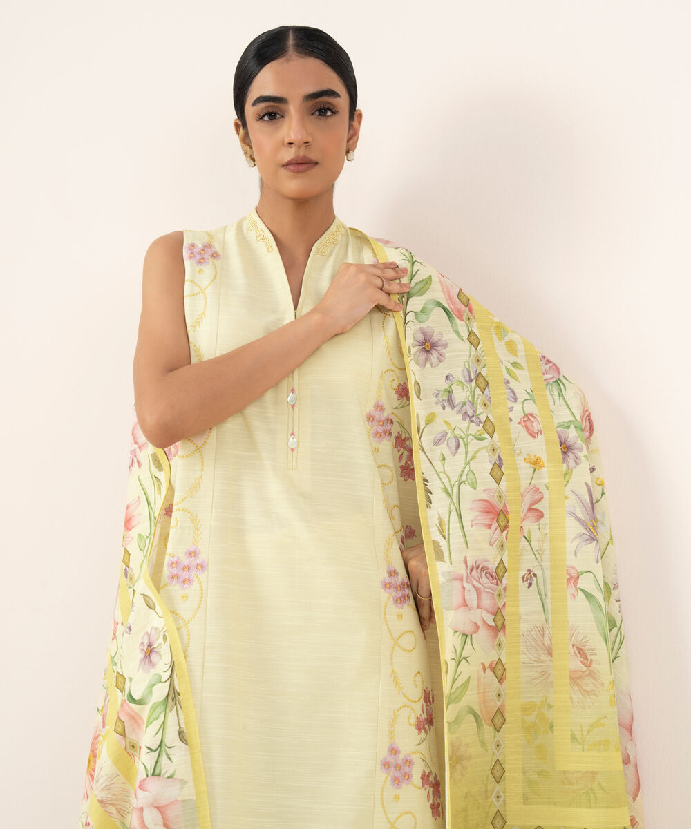 Women's Unstitched Cotton Embroidered Yellow 2 Piece Suit