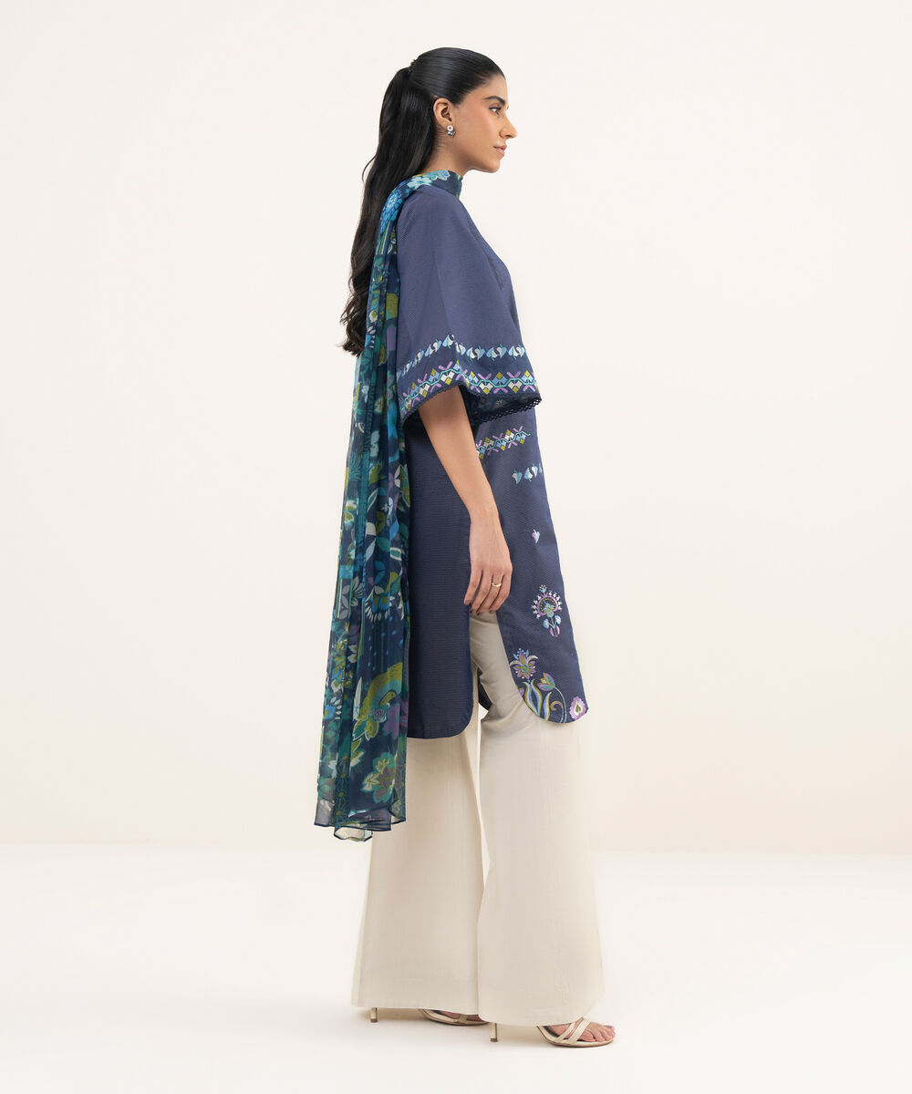 Women's Unstitched Lawn Embroidered Blue Two Piece Suit