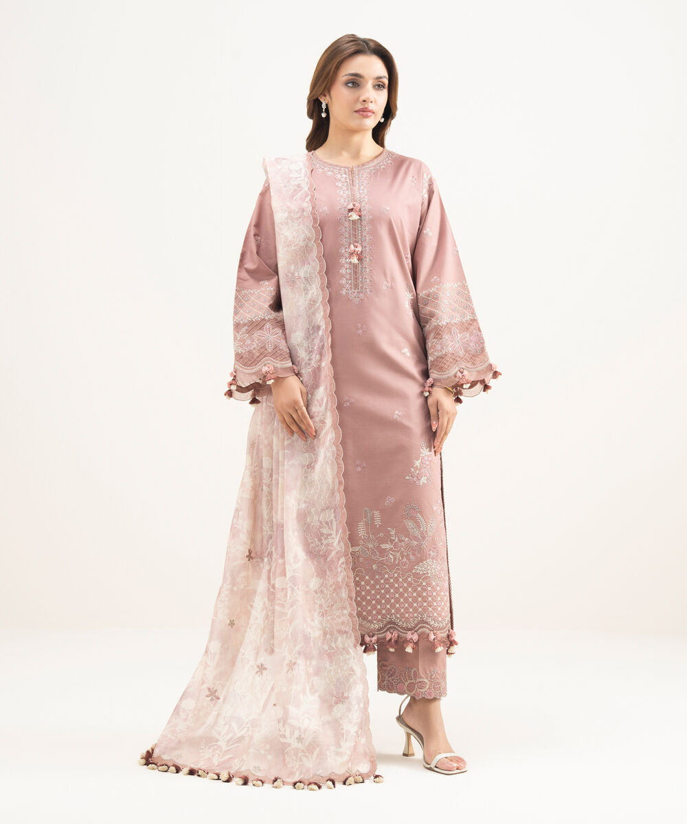 Women's Unstitched Lawn Embroidered Pink 3 Piece Suit