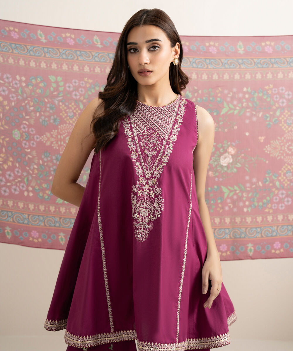 Women's Unstitched Textured Lawn Embroidered Fuchsia Pink 3 Piece Suit