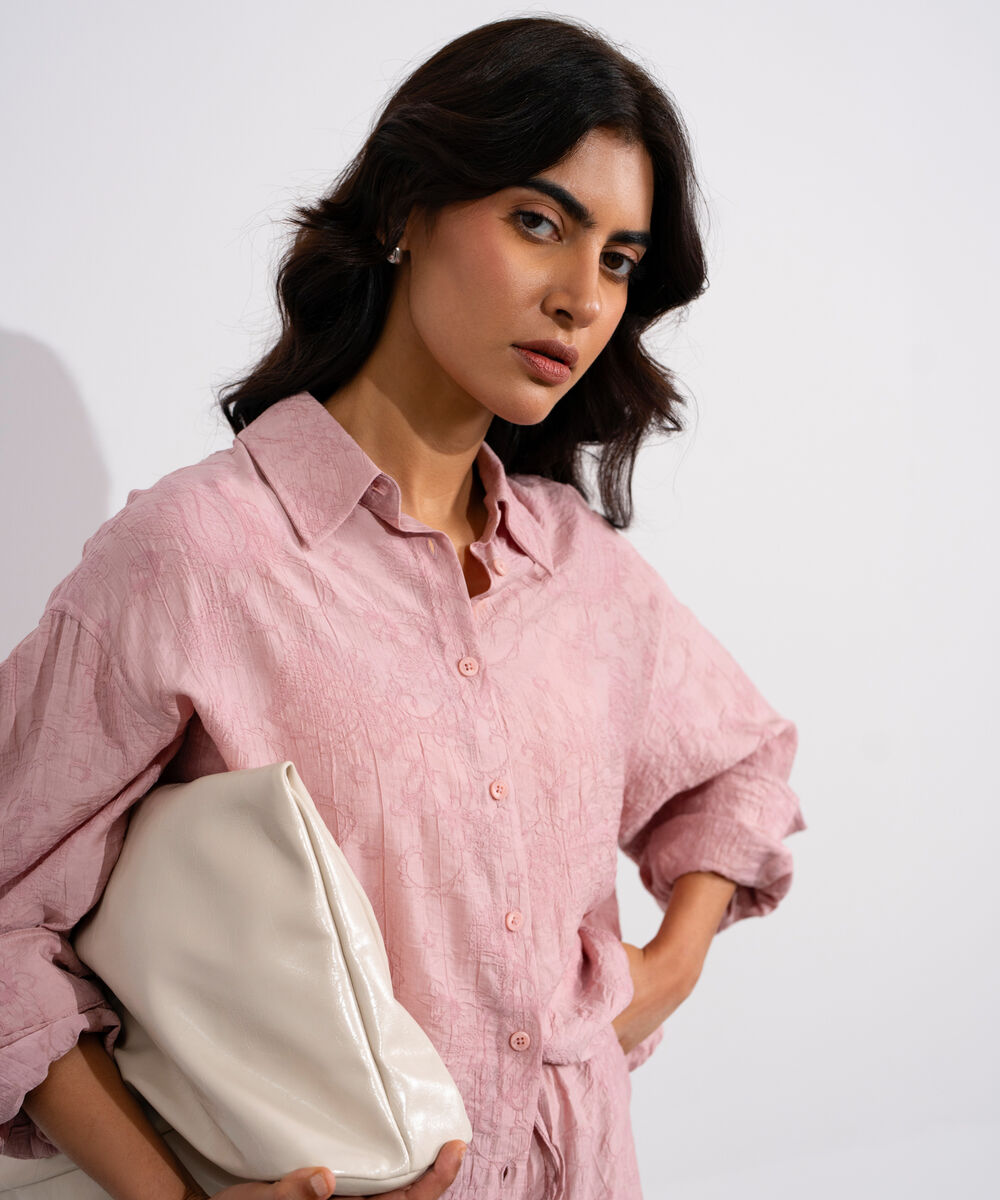 Women's Pink Textured Button Through Shirt