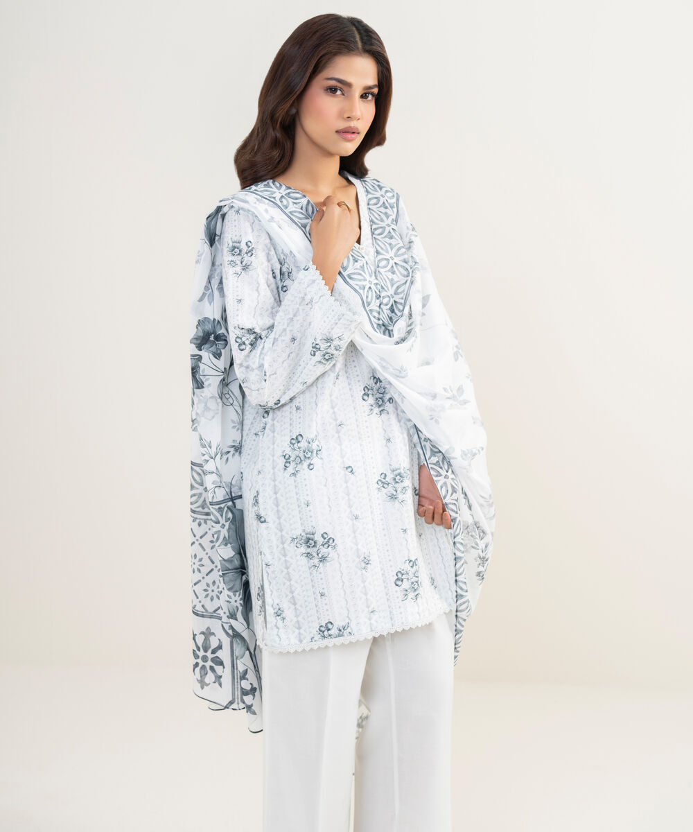 Women's RTW Cambric Printed White 3 Piece Suit