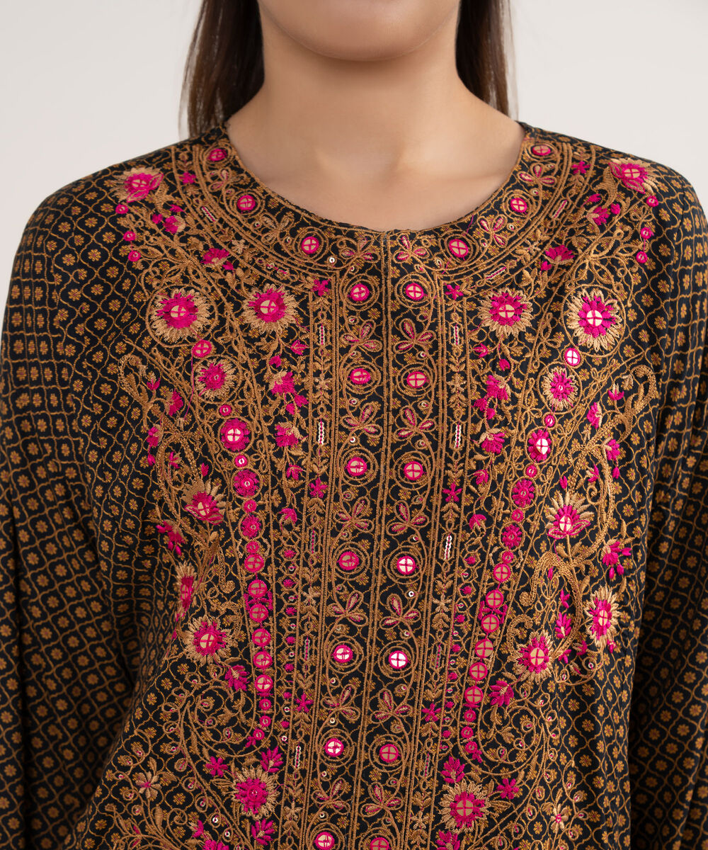 Women's RTW Arabic Lawn Black Printed Drop Shoulder Shirt