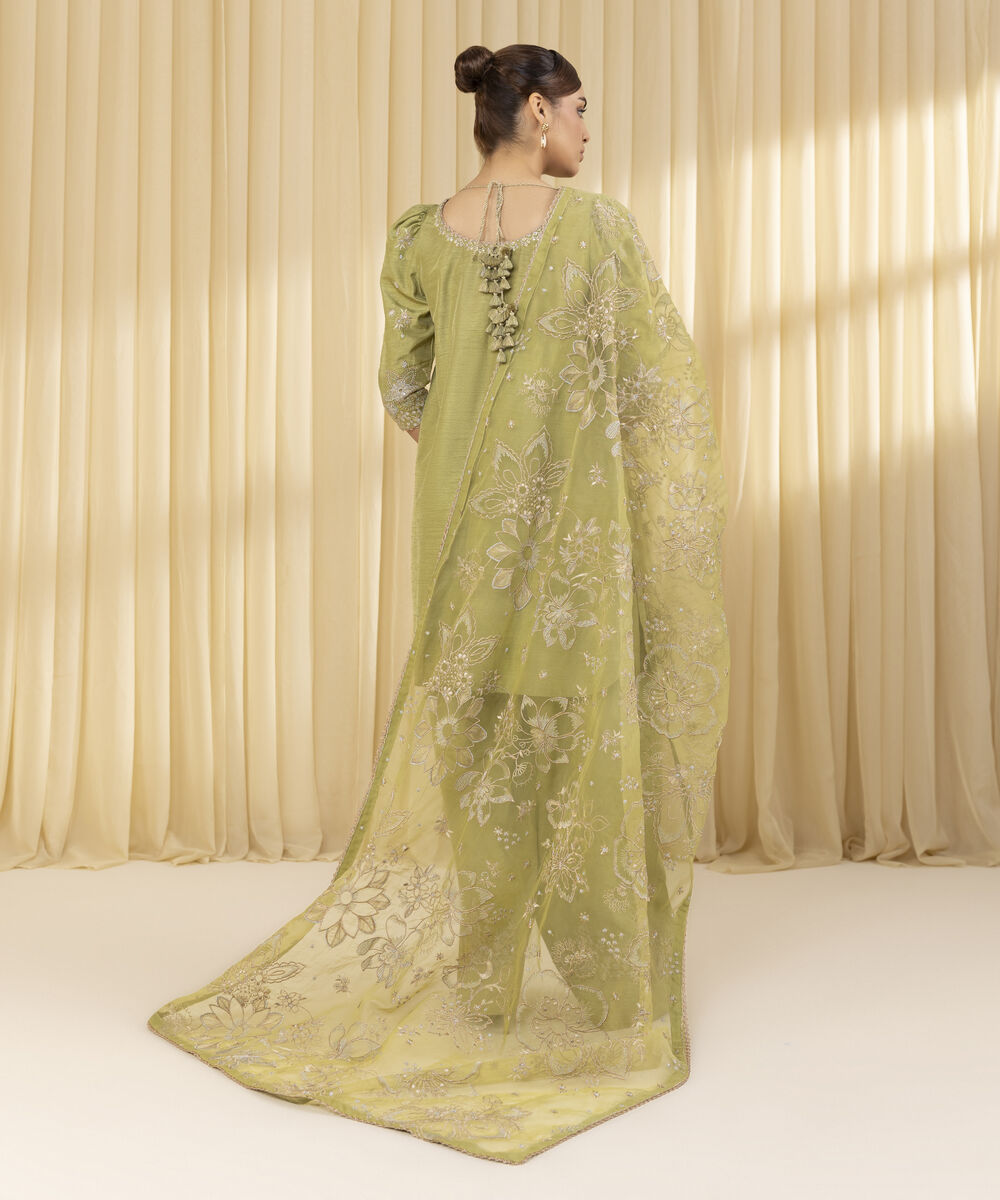 Unstitched Women's Green Raw Silk 3 Piece Suit