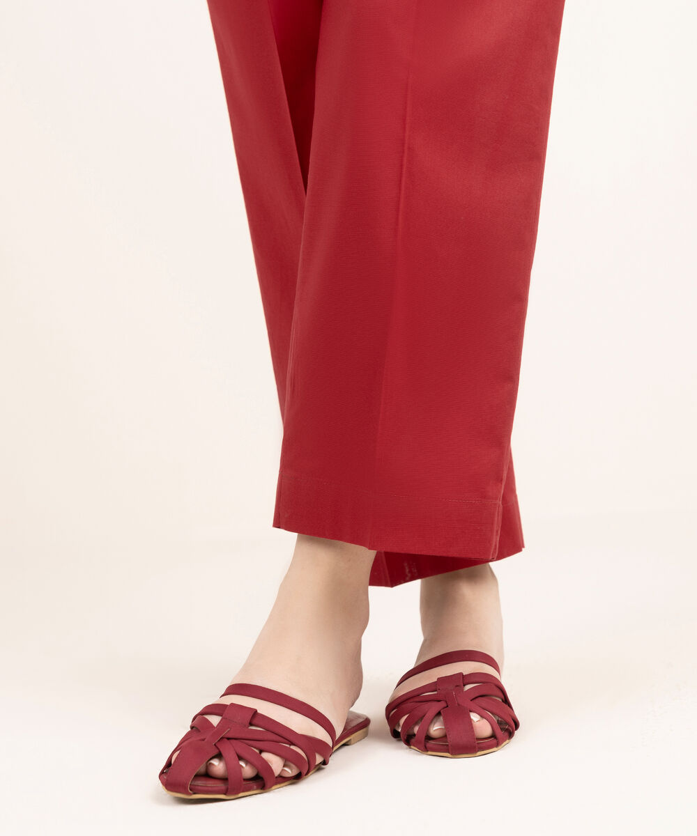 Women's RTW Linen Solid Maroon Straight Pants