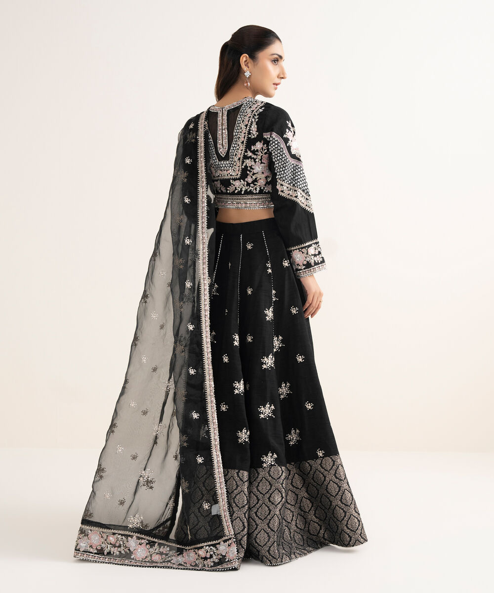 Women's RTW Raw Silk Embroidered Black 3 Piece Suit