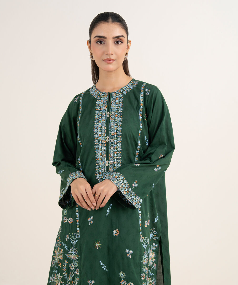 Women's RTW Self Jacquard Leno Embroidered Green A-Line Shirt
