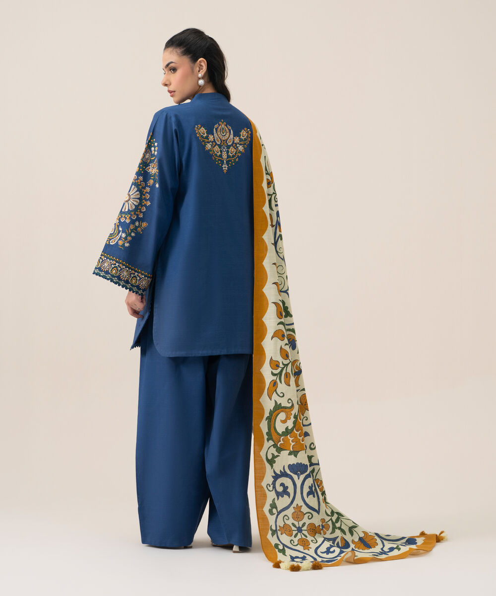 Women's Unstitched Basic Khaddar Embroidered Blue 3 Piece Suit