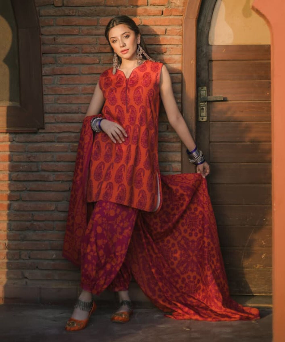 Women's Unstitched Cotton Viscose Printed Orange 3 Piece Suit