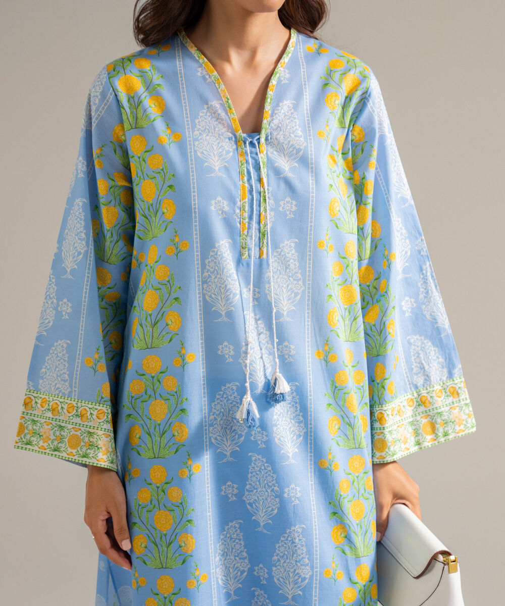 Women's RTW Slub Lawn Printed Blue Straight Shirt