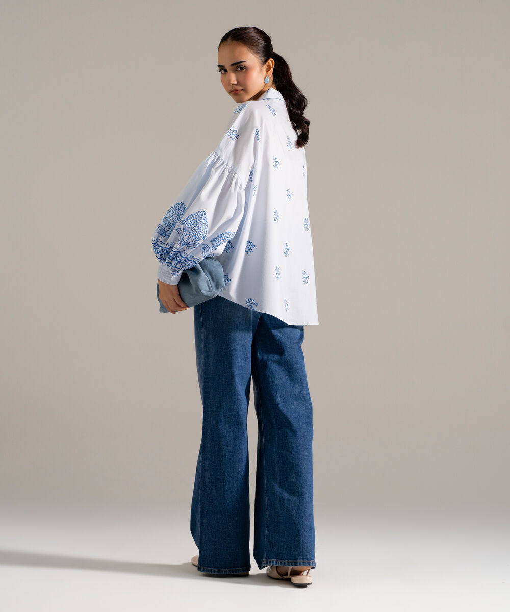 Women's RTW Lawn Printed Blue Drop Shoulder Shirt