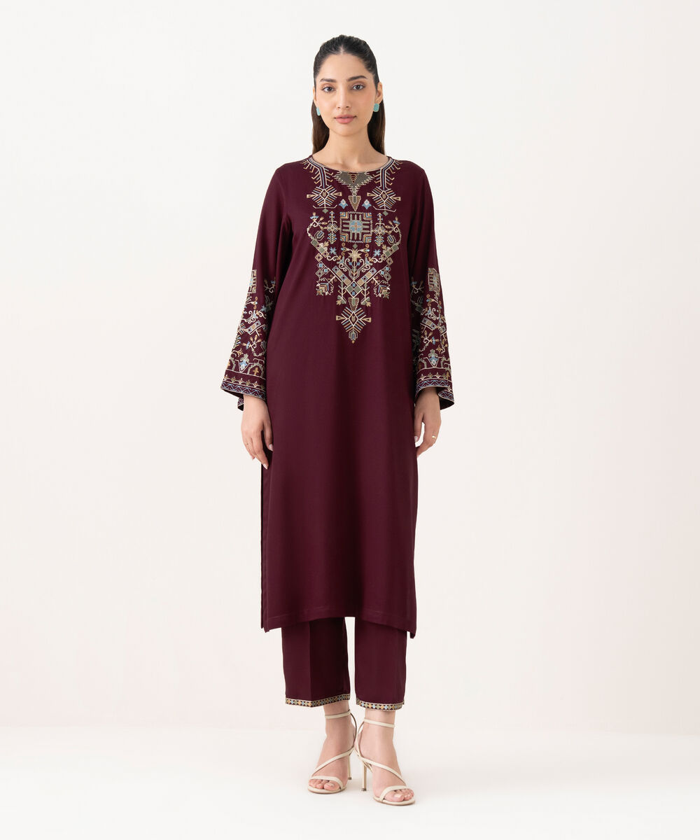 Women's RTW Bedford  Embroidered Maroon A-Line Shirt